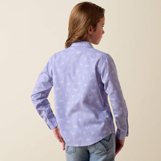 Ariat Girl's Lavender Western Motifs Print Pearl Snap Long Sleeve Western Shirt 10073448 Ariat Girl's Lavender Western Motifs Print Pearl Snap Long Sleeve Western Shirt 10073448