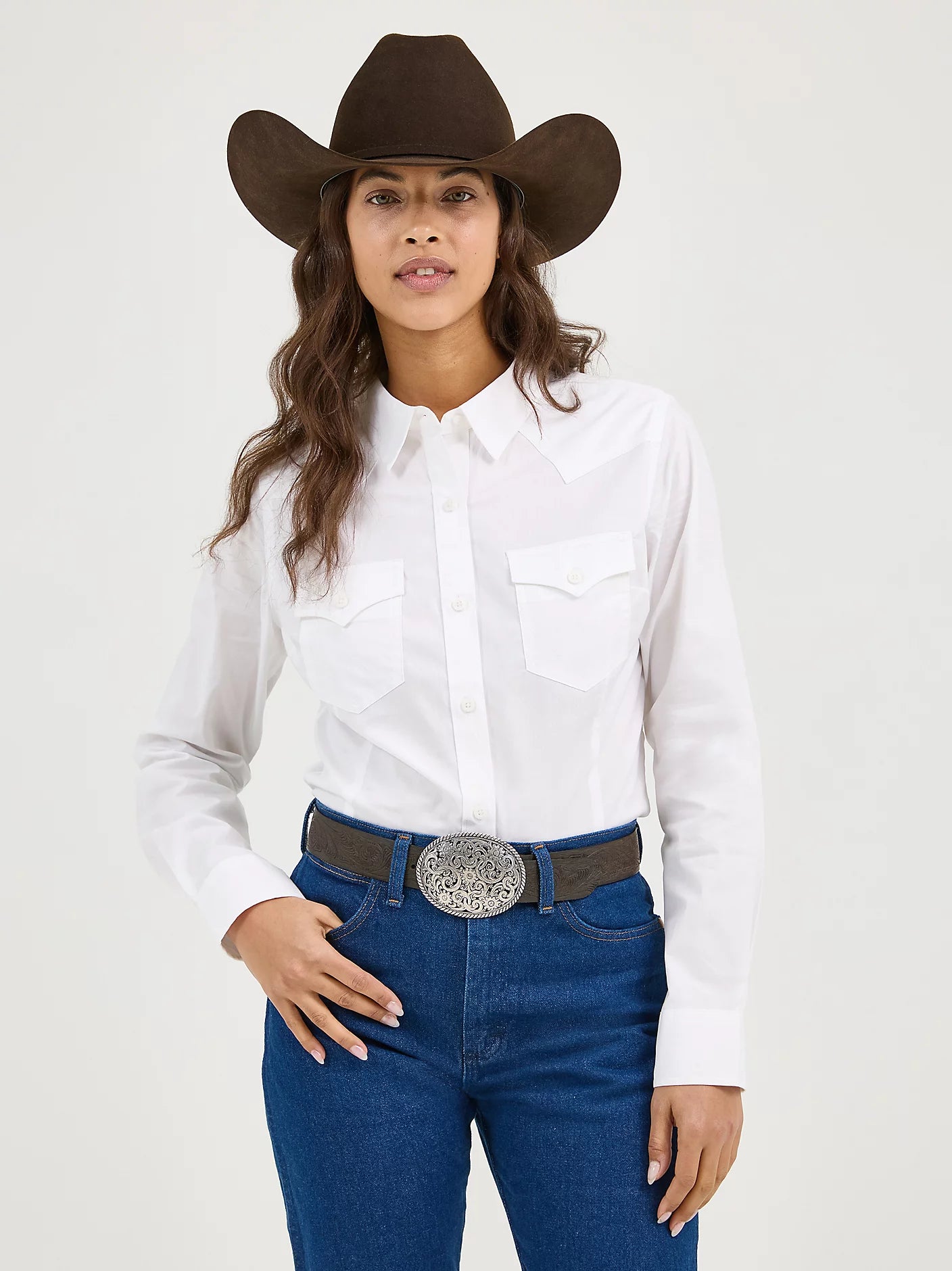 white cowboy dress shirt Wrangler Retro Women's Solid White Slim Fit Button Long Sleeve Western  Shirt 112358013