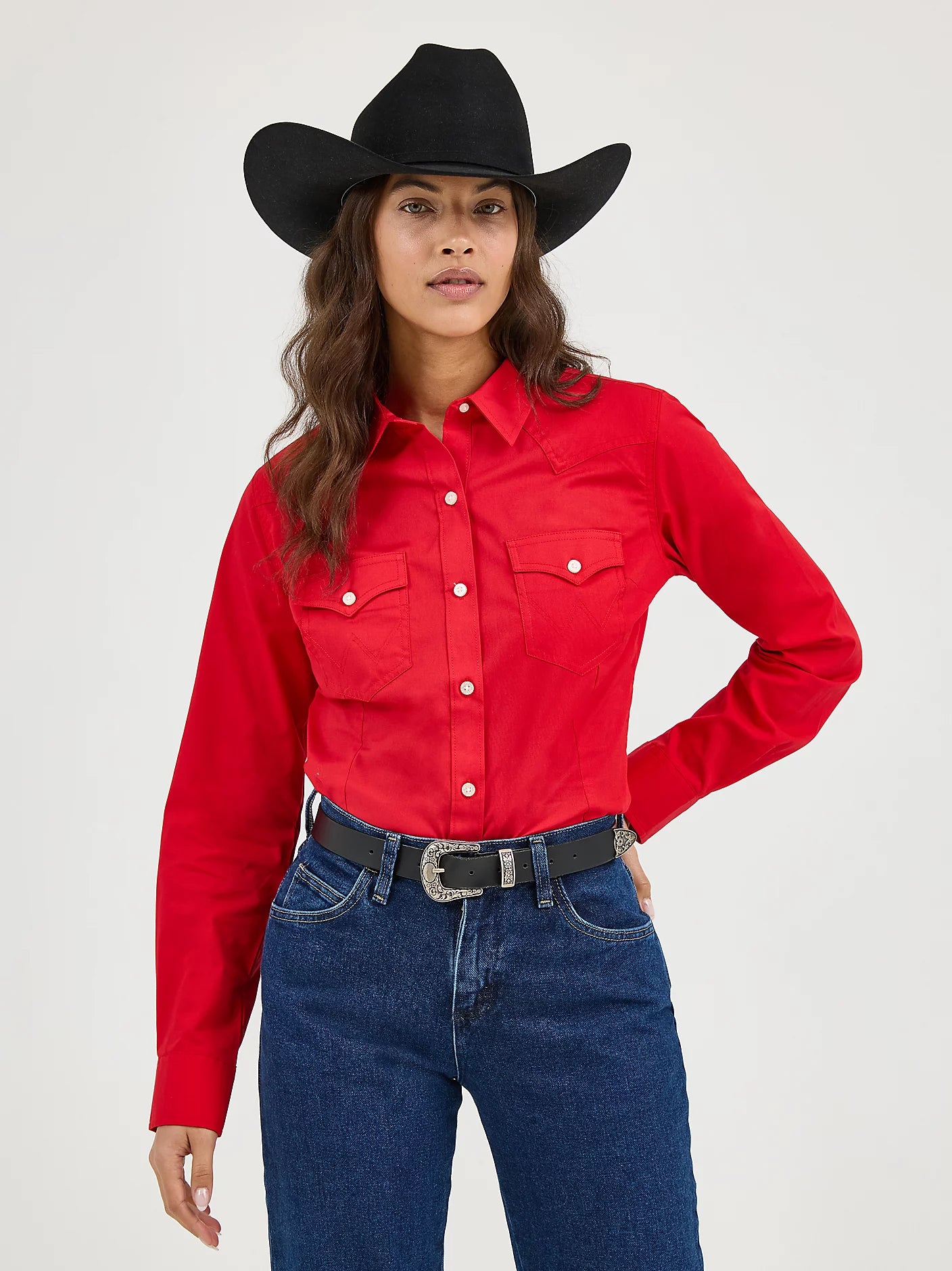 fitted lace wedding dress Wrangler Women's Long Sleeve Solid Button Down Shirt Red / L