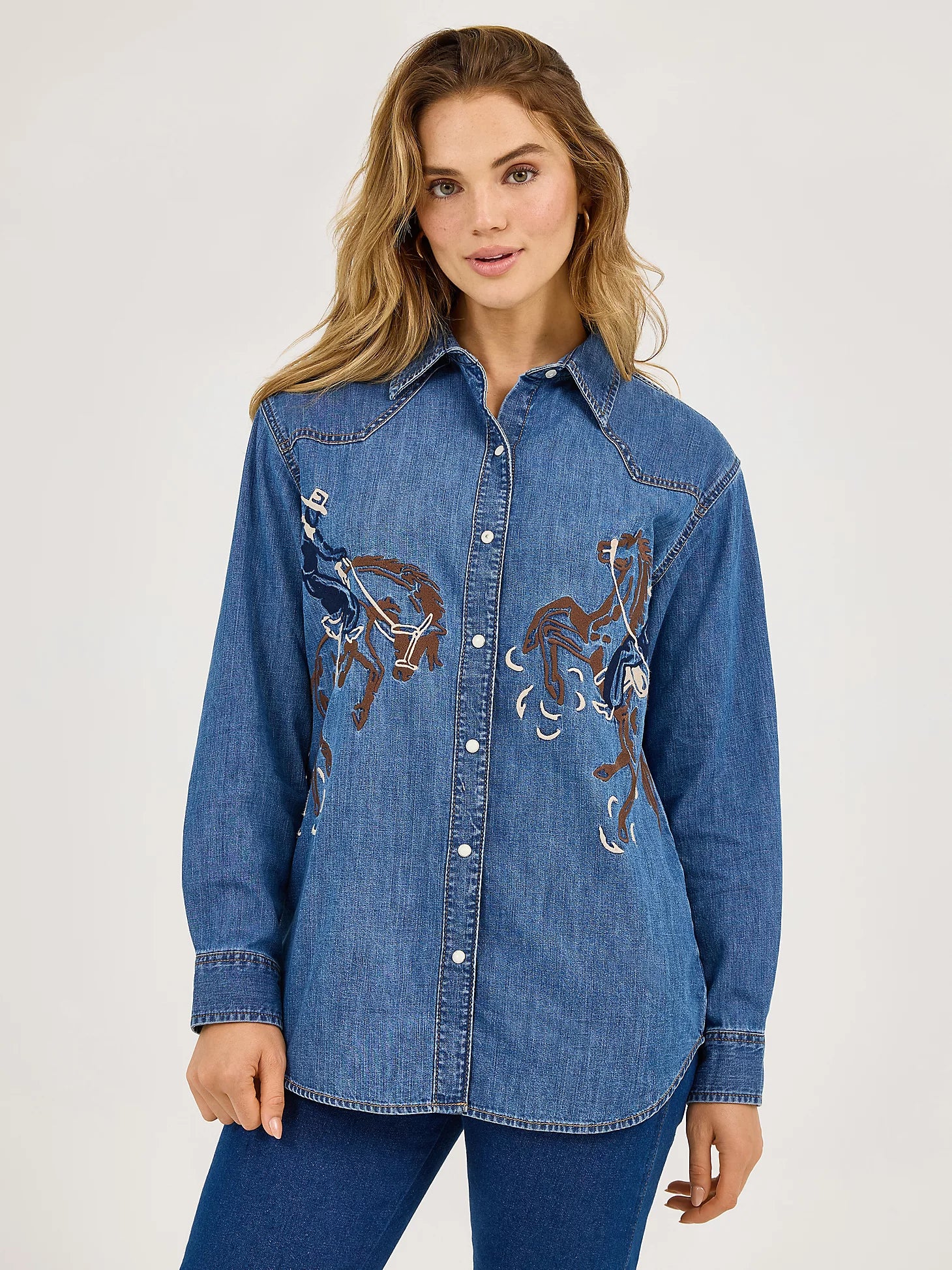 Wrangler Women's Denim Horse Embroidered Pearl Snap Long Sleeve