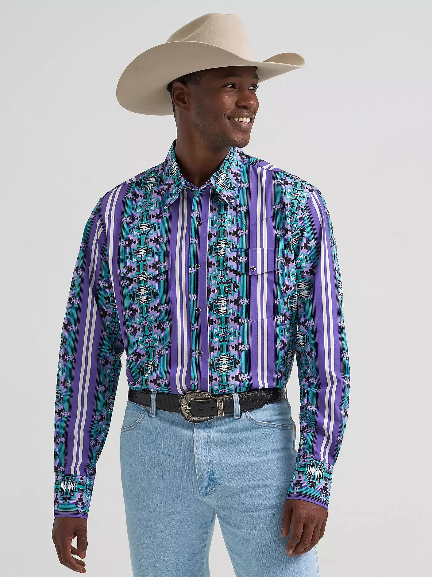 Wrangler Men's Violet Serape Stripe Checotah Print Pearl Snap Long