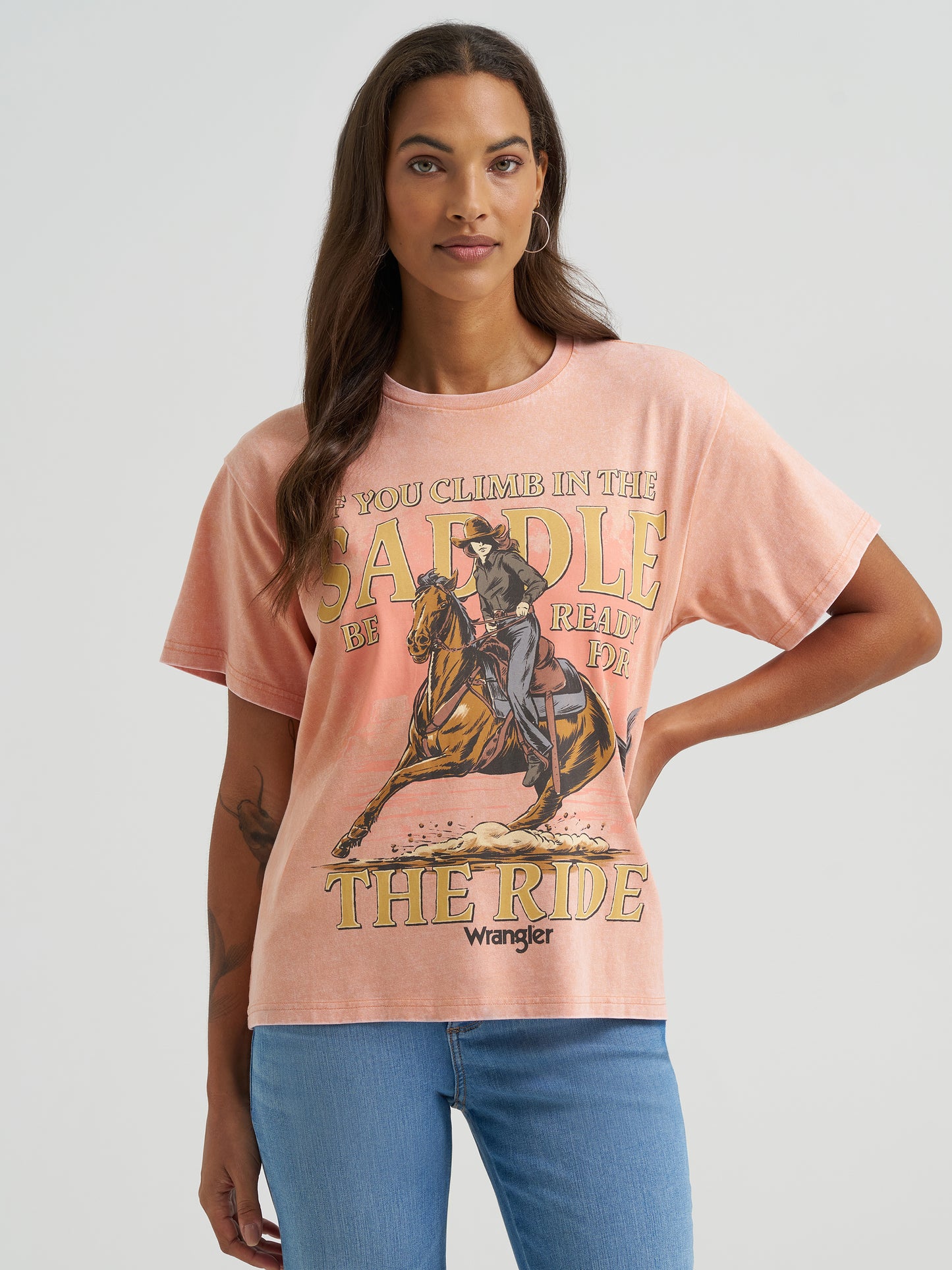 Wrangler Retro Women's Sunset Peach 'Be Ready for the Ride' Graphic Print Oversized Short Sleeve Tee Shirt 112375897 Wrangler Retro Women's Sunset Peach 'Be Ready for the Ride' Graphic Print Oversized Short Sleeve Tee Shirt 112375897