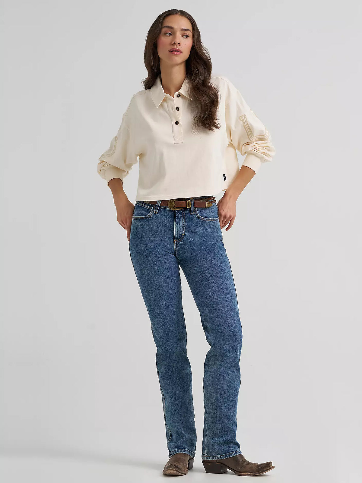Wrangler Women's Cream Horseshoe Long Sleeve Cropped Polo 112385415 Wrangler Women's Cream Horseshoe Long Sleeve Cropped Polo 112385415