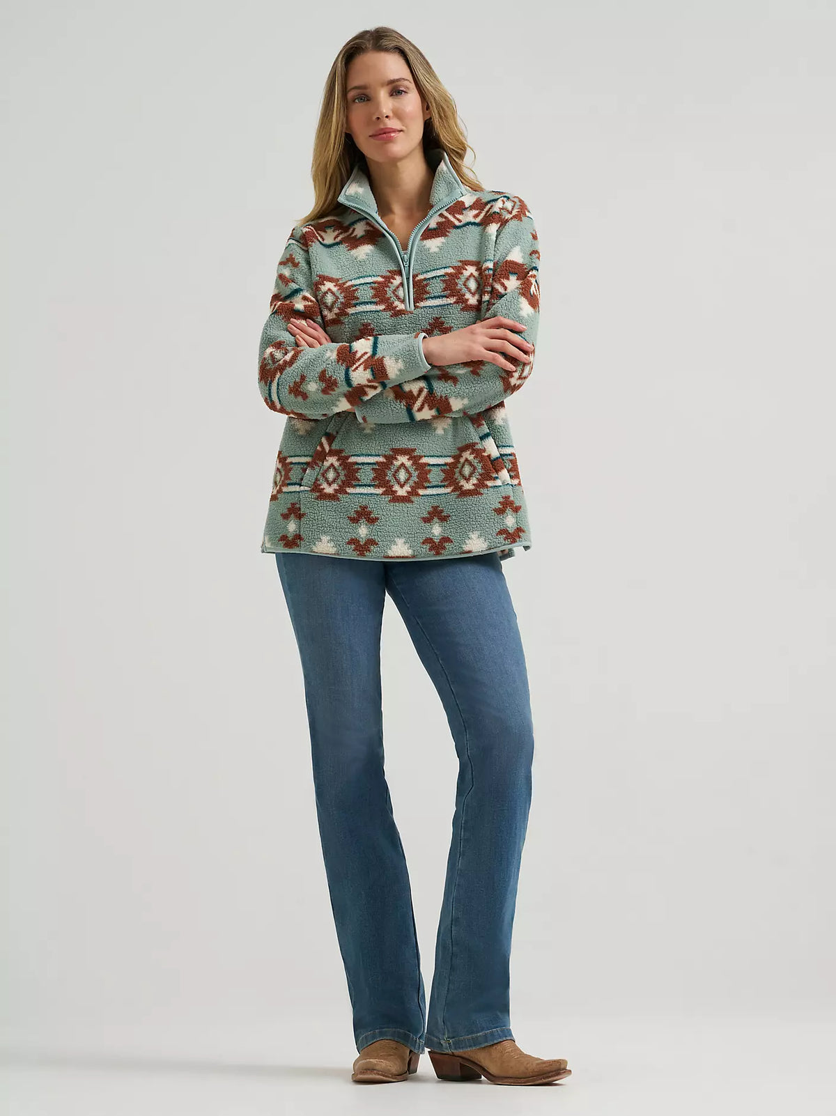 Wrangler Retro Women's High Plains Blue Aztec 1/4 Zip Sherpa Pullover 112385461 Wrangler Retro Women's High Plains Blue Aztec 1/4 Zip Sherpa Pullover 112385461