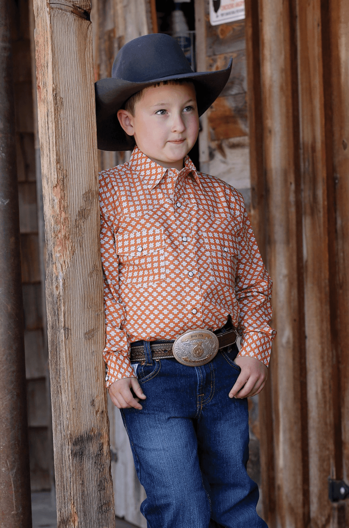 Cinch Western Shirt Boys Stretch Long Sleeve Print Orange MTW7060373