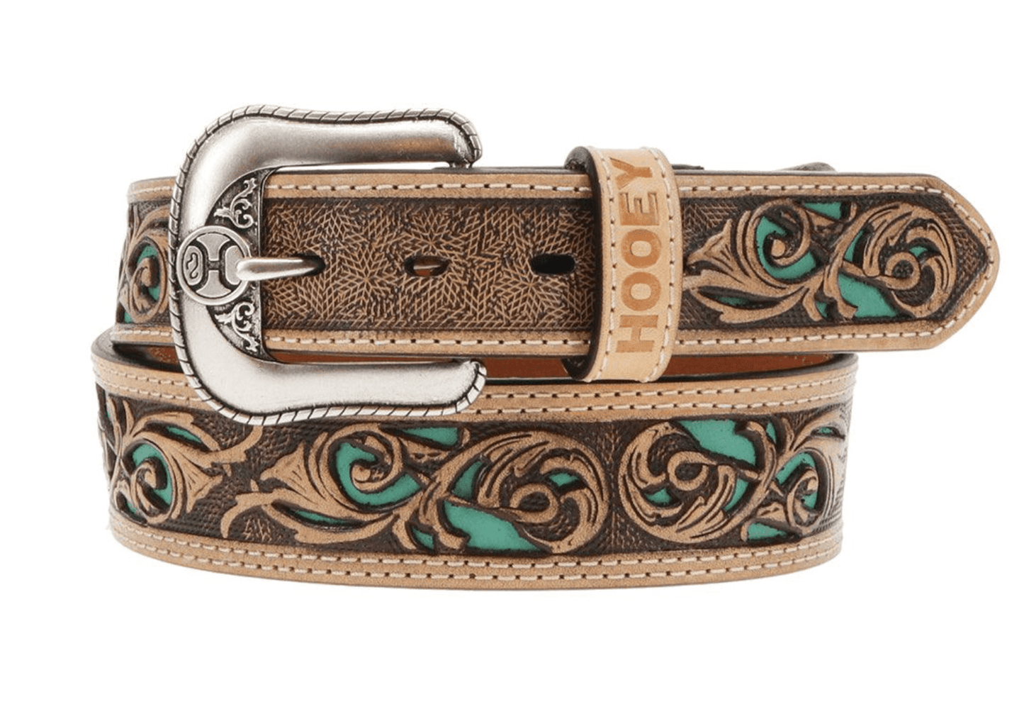 Hooey 'Top Notch' Brown Feather & Filigree Cutout Turquoise Inlay Leather Belt HMBLT003 Hooey 'Top Notch' Brown Feather & Filigree Cutout Turquoise Inlay Leather Belt HMBLT003