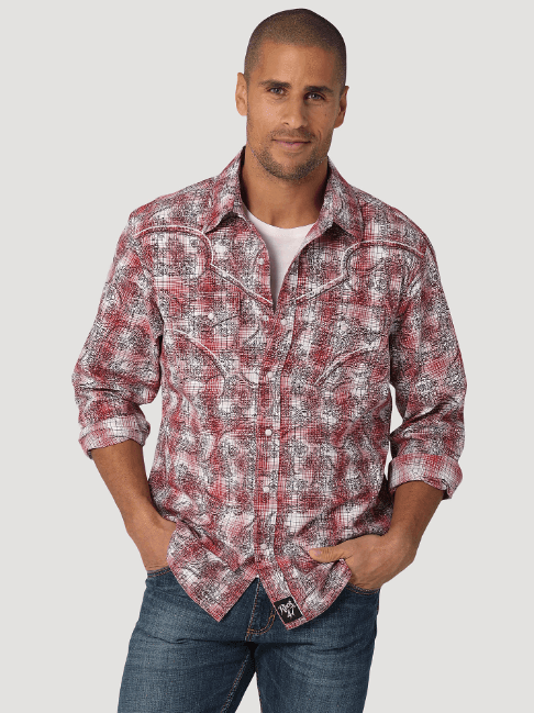 Wrangler Men's ROCK 47 Red Plaid Long Sleeve Western Snap Shirt