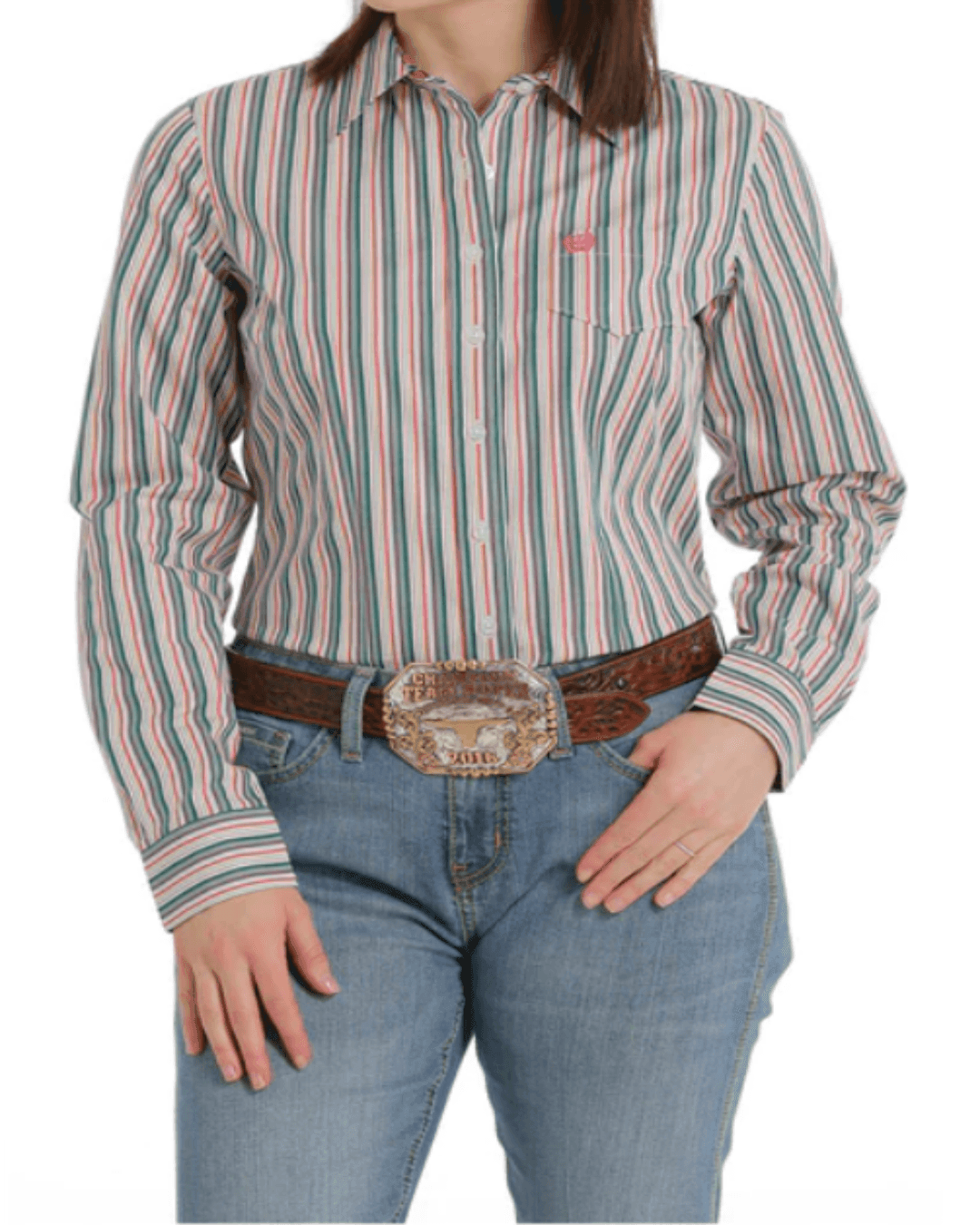 Cinch Women's Green Stripe Button Long Sleeve Western Shirt