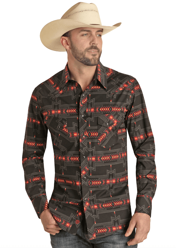 Rock & Roll Cowboy Men's Black Aztec Print Long Sleeve Snap Shirt