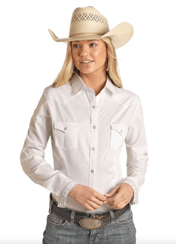 Panhandle Women's Rough Stock White Geo Pattern Woven Long Sleeve