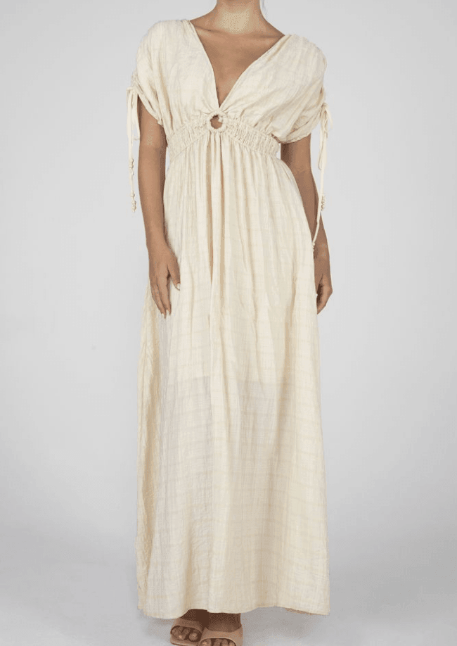 Miss Me Women's Cream Flowy Maxi Dress w/ Smocked Waist & Tassels MD1731S | Painted Cowgirl Western Store Miss Me Women's Cream Flowy Maxi Dress w/ Smocked Waist & Tassels MD1731S | Painted Cowgirl Western Store