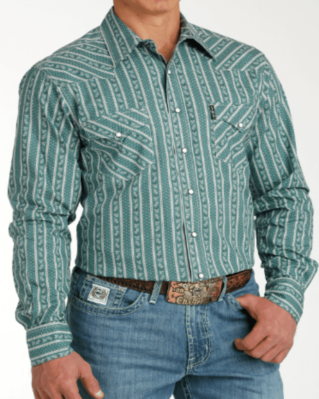 Cinch Men's Green White Stripe Print Snap Long Sleeve Western