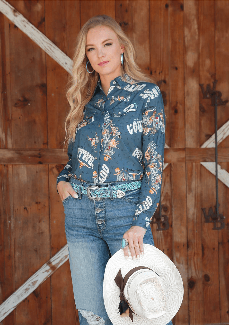 Cruel Denim Women's Navy RodeoTown Long Sleeve Snap Western Shirt