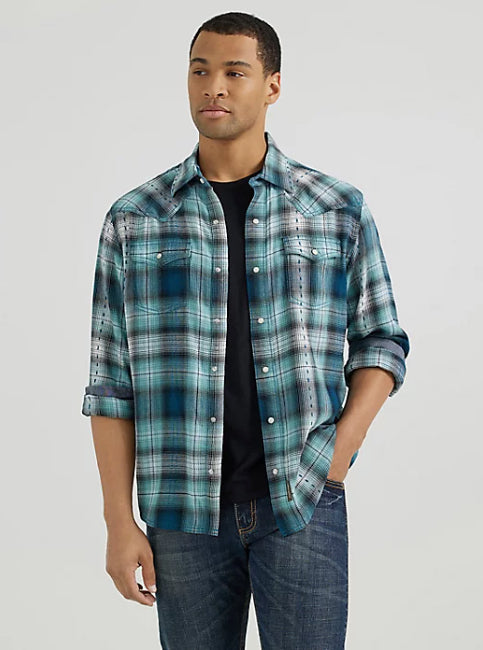 Wrangler Retro Premium Men's Multi Teals Long Sleeve Western Snap