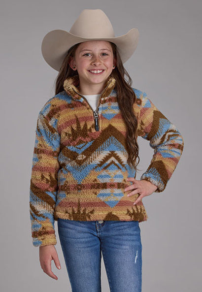 Roper Girl's Brown Multi Aztec Print 1/4 Zip Polar Fleece Pullover
