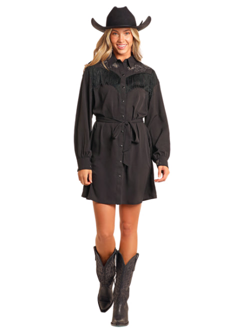 Rock and Roll Cowgirl Women's Black Embroidered Fringe Self Tie Shirt Dress BWD2R04473 XS Rock and Roll Cowgirl Women's Black Embroidered Fringe Self Tie Shirt Dress BWD2R04473 XS