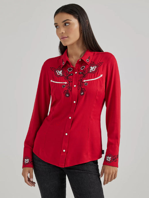 Wrangler Retro Women's Siren Red Embroidered Snap Long Sleeve