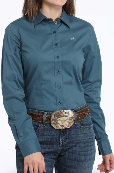Cinch Women's Teal Solid Button Long Sleeve Western Shirt