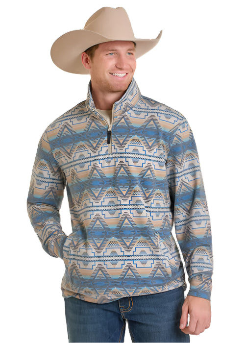 Rock and Roll Cowboy Men's Tan & Blue Aztec Stripe Pullover