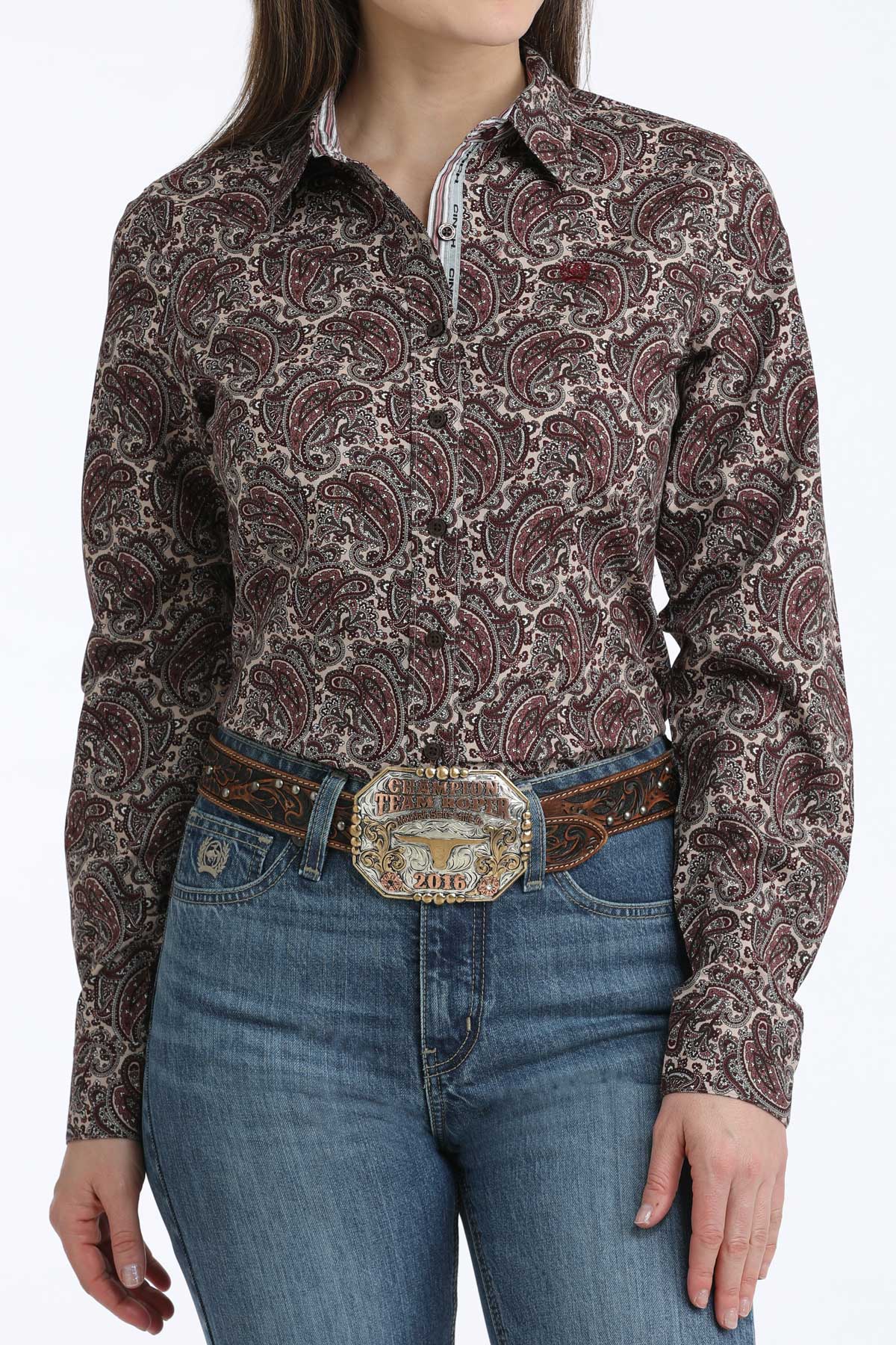 Cinch Women's Burgundy Paisley Print Long Sleeve Snap Western Shirt