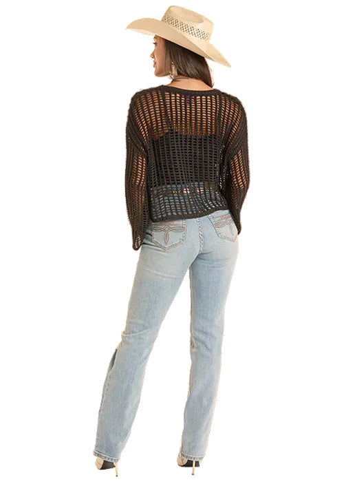 Rock & Roll Cowgirl Black Open Knit Cropped Long Sleeve Sweater BW32T08803 Rock & Roll Cowgirl Black Open Knit Cropped Long Sleeve Sweater BW32T08803