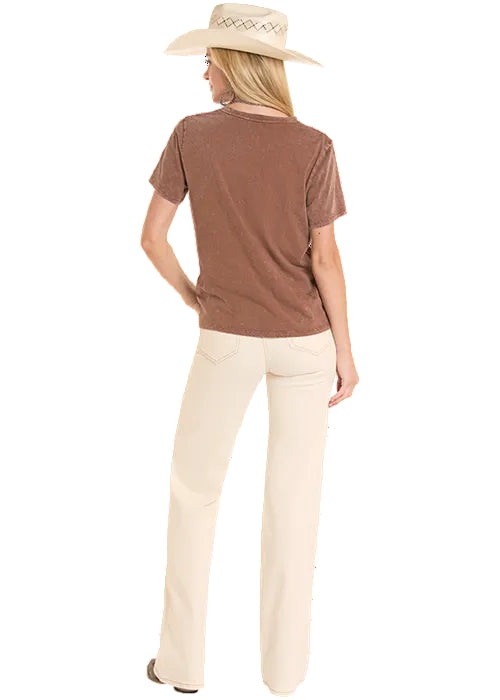 Rock and Roll Cowgirl Women's Mahogany Brown Mineral Wash Boot Stitch Tee Shirt BW21T08797 Rock and Roll Cowgirl Women's Mahogany Brown Mineral Wash Boot Stitch Tee Shirt BW21T08797
