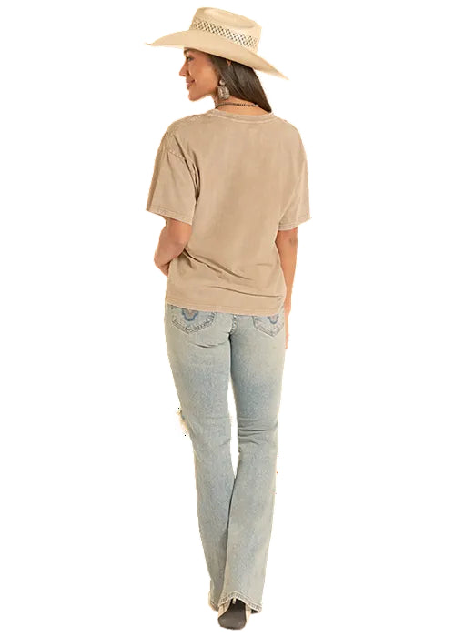 Rock and Roll Cowgirl Women's Olive 'Cowboys & Whiskey' Graphic Print Star Accent Relaxed V-Neck Tee Shirt BW21T09028 Rock and Roll Cowgirl Women's Olive 'Cowboys & Whiskey' Graphic Print Star Accent Relaxed V-Neck Tee Shirt BW21T09028