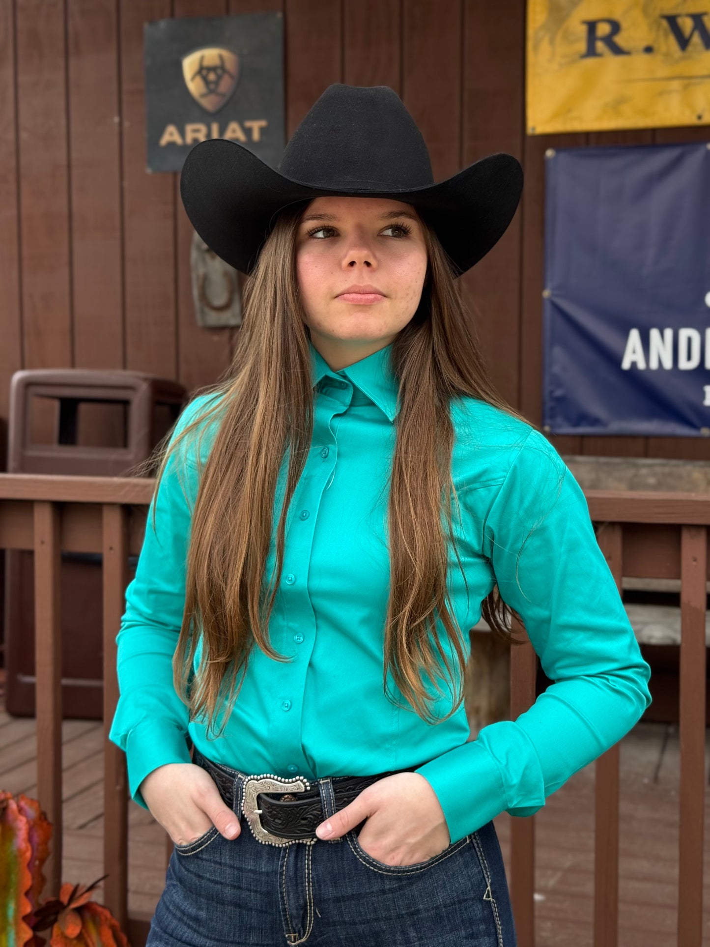 RHC Equestrian Women's Solid Turqouise Sateen Lycra Hidden Zipper Western Show Shirt 68520-T RHC Equestrian Women's Solid Turqouise Sateen Lycra Hidden Zipper Western Show Shirt 68520-T