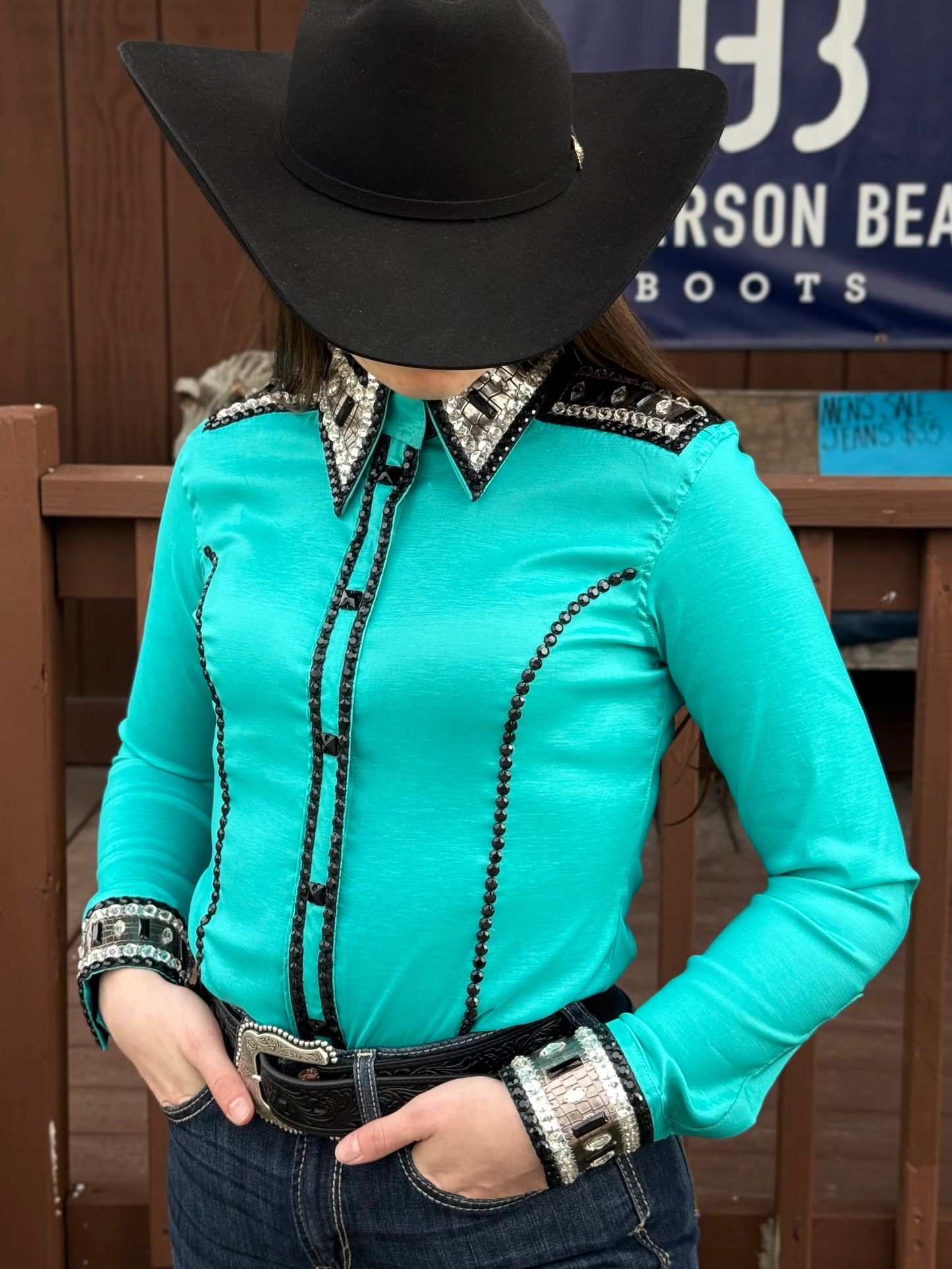 RHC Equestrian Women's Ultra Turquoise Taffeta w/ Stones Long Sleeve Western Show Shirt 70449-TUR RHC Equestrian Women's Ultra Turquoise Taffeta w/ Stones Long Sleeve Western Show Shirt 70449-TUR