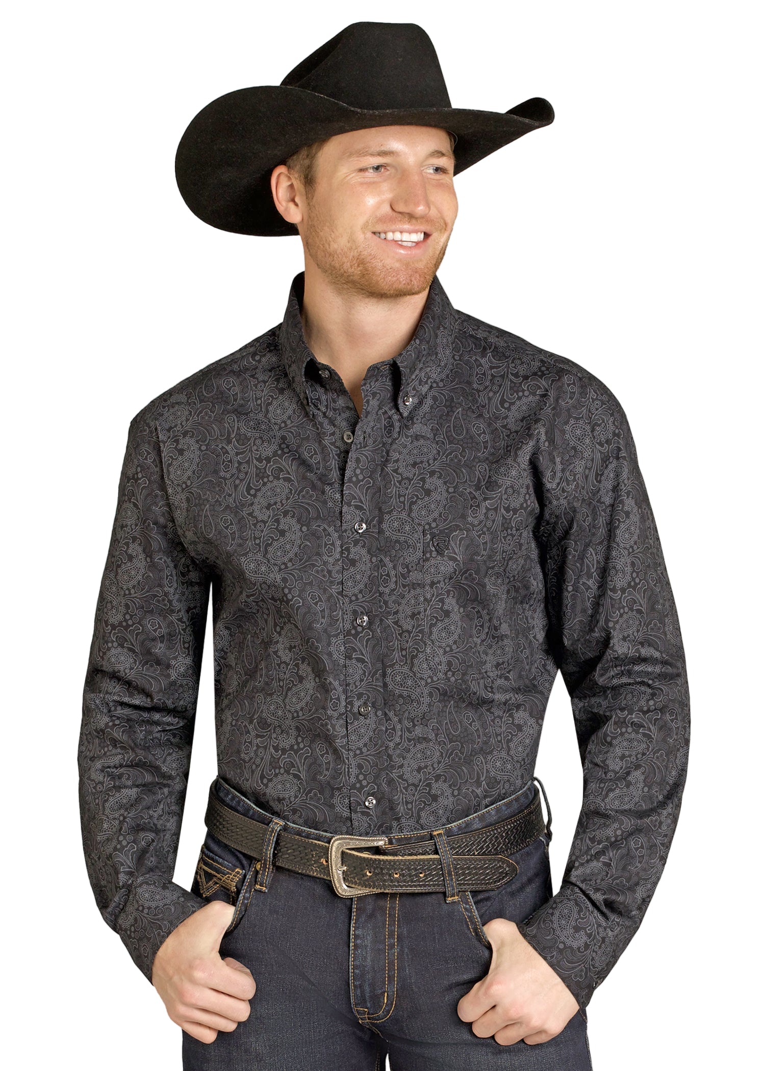 Rock & Roll Cowboy Men's Black Paisley Print Modern Fit Button Long Sleeve Western  Shirt BMB2S07630