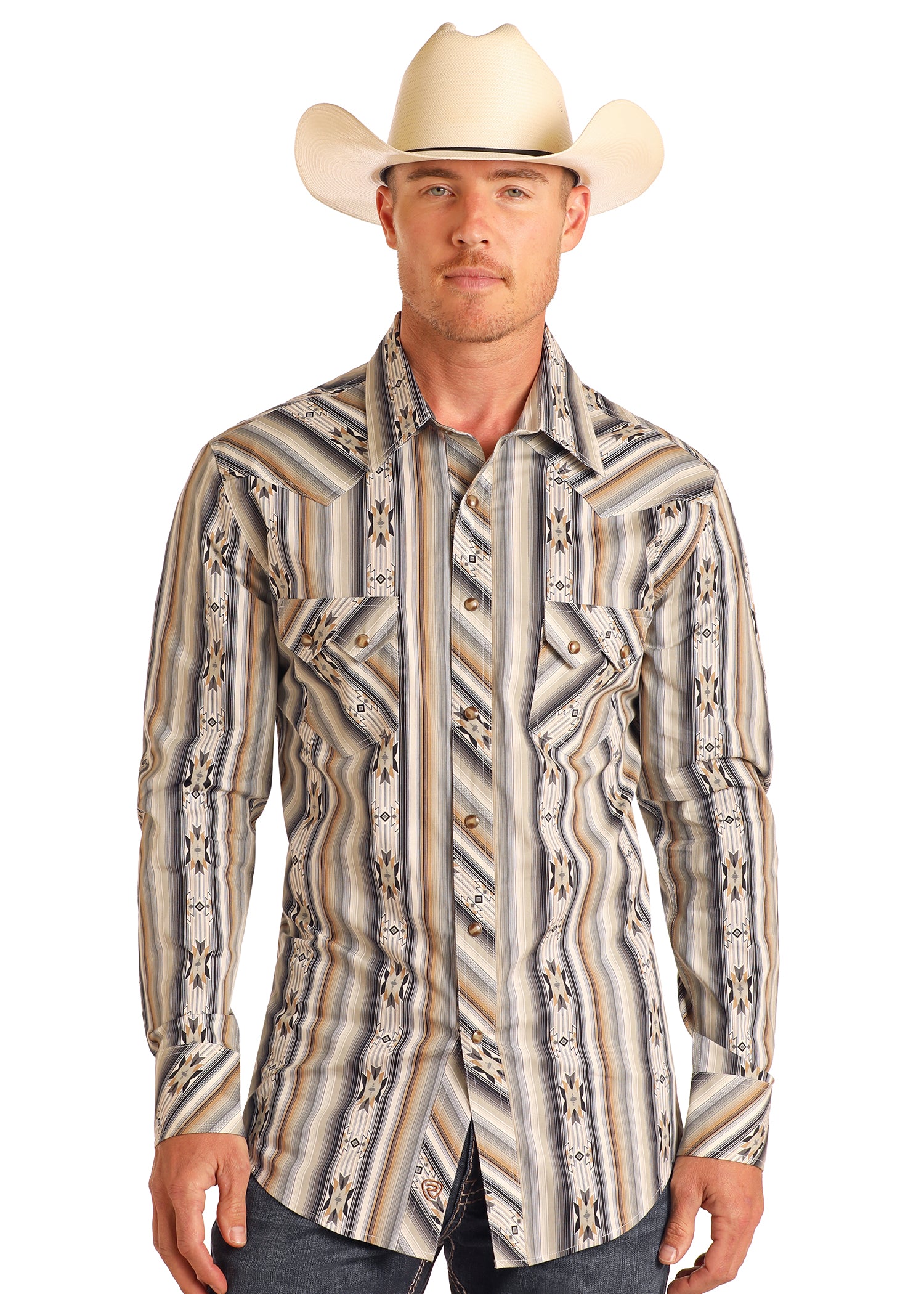 Rock & Roll Cowboy Men's Tan Aztec Striped Slim Fit Snap Long Sleeve Western Shirt BMN2S05842 | Painted Cowgirl Western Store Rock & Roll Cowboy Men's Tan Aztec Striped Slim Fit Snap Long Sleeve Western Shirt BMN2S05842 | Painted Cowgirl Western Store