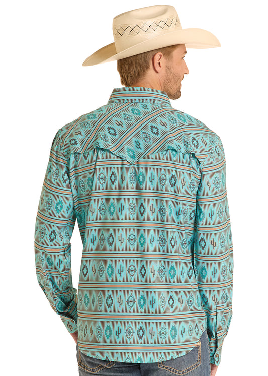 Rock & Roll Cowboy Men's Turquoise Western Convo Stripe Print Tek Western Ripstop Pearl Snap Long Sleeve Shirt BWN2S08691 Rock & Roll Cowboy Men's Turquoise Western Convo Stripe Print Tek Western Ripstop Pearl Snap Long Sleeve Shirt BWN2S08691