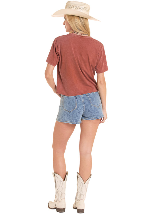Rock and Roll Cowgirl Women's Rust Mineral Wash 'Cowgirls' Graphic Cropped Tee Shirt BW21T08886 Rock and Roll Cowgirl Women's Rust Mineral Wash 'Cowgirls' Graphic Cropped Tee Shirt BW21T08886