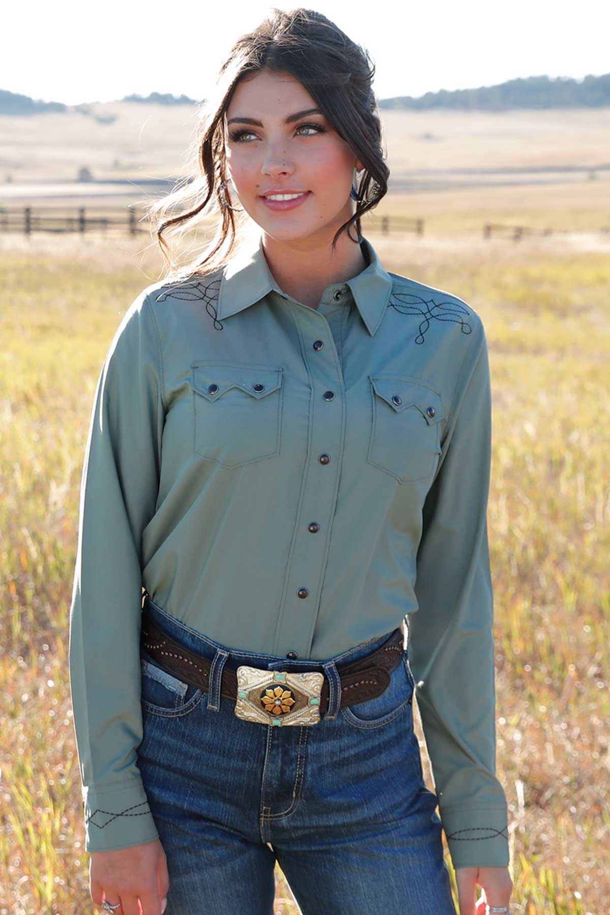 Cruel Girl Denim Women's Solid Green Boot Stitch Embroidered Long Sleeve Pearl Snap Western Shirt CTW7501002 L