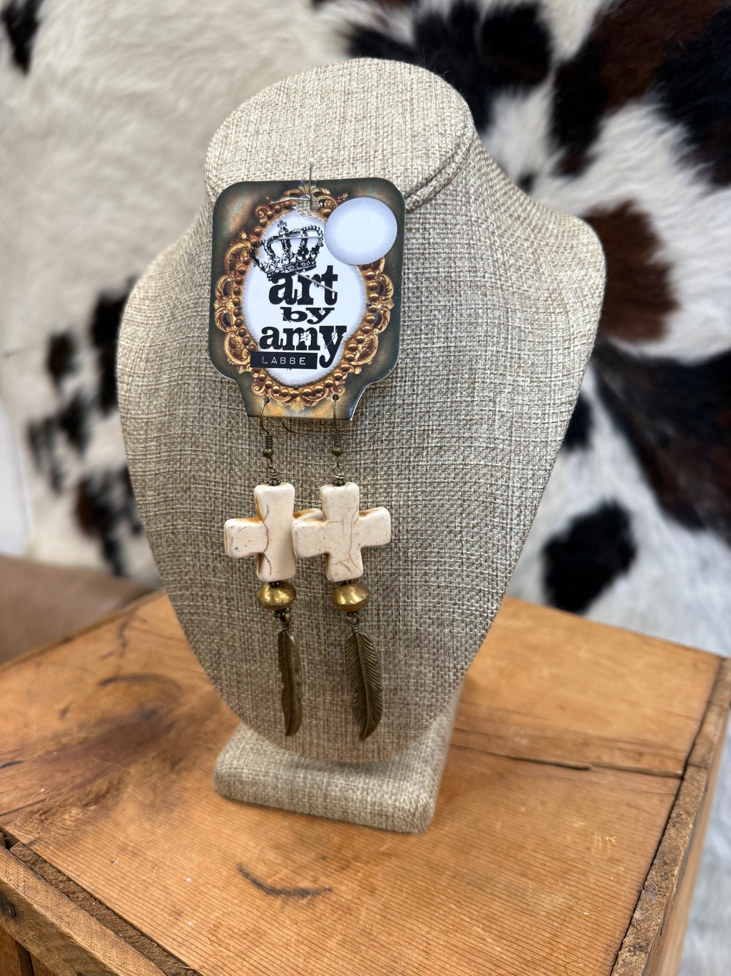 Art By Amy Brass-Toned Feather & Cross Stone Dangle Earrings Art By Amy Brass-Toned Feather & Cross Stone Dangle Earrings