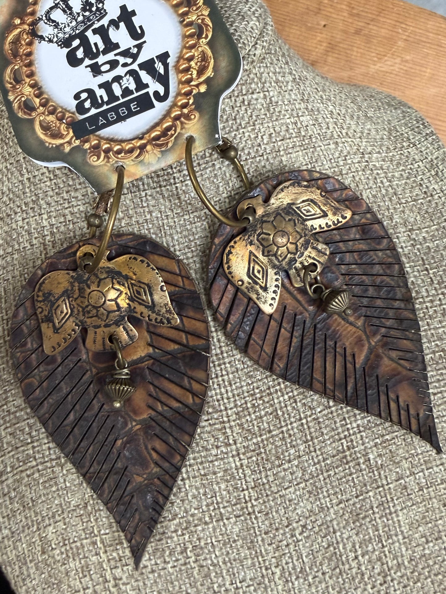 Art By Amy Leather Embossed Feather & Metal Accent Dangle Earrings Art By Amy Leather Embossed Feather & Metal Accent Dangle Earrings
