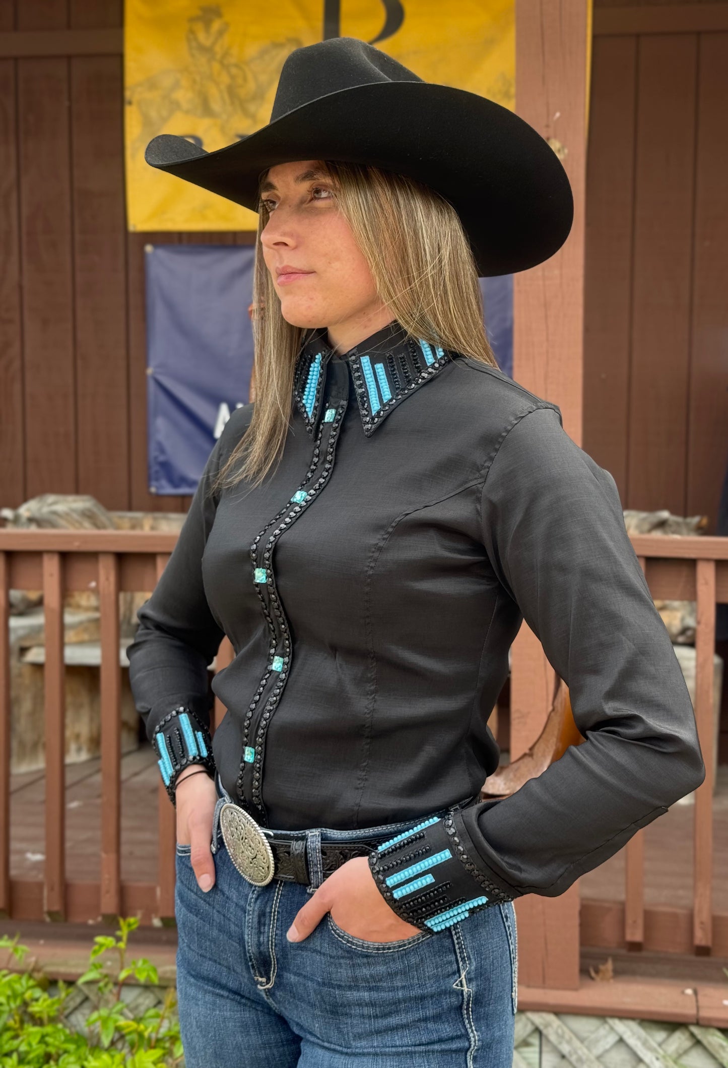 RHC Equestrian Women's Black Taffeta w/ Turquoise Stones Long Sleeve Western Show Shirt 70484-BLK RHC Equestrian Women's Black Taffeta w/ Turquoise Stones Long Sleeve Western Show Shirt 70484-BLK