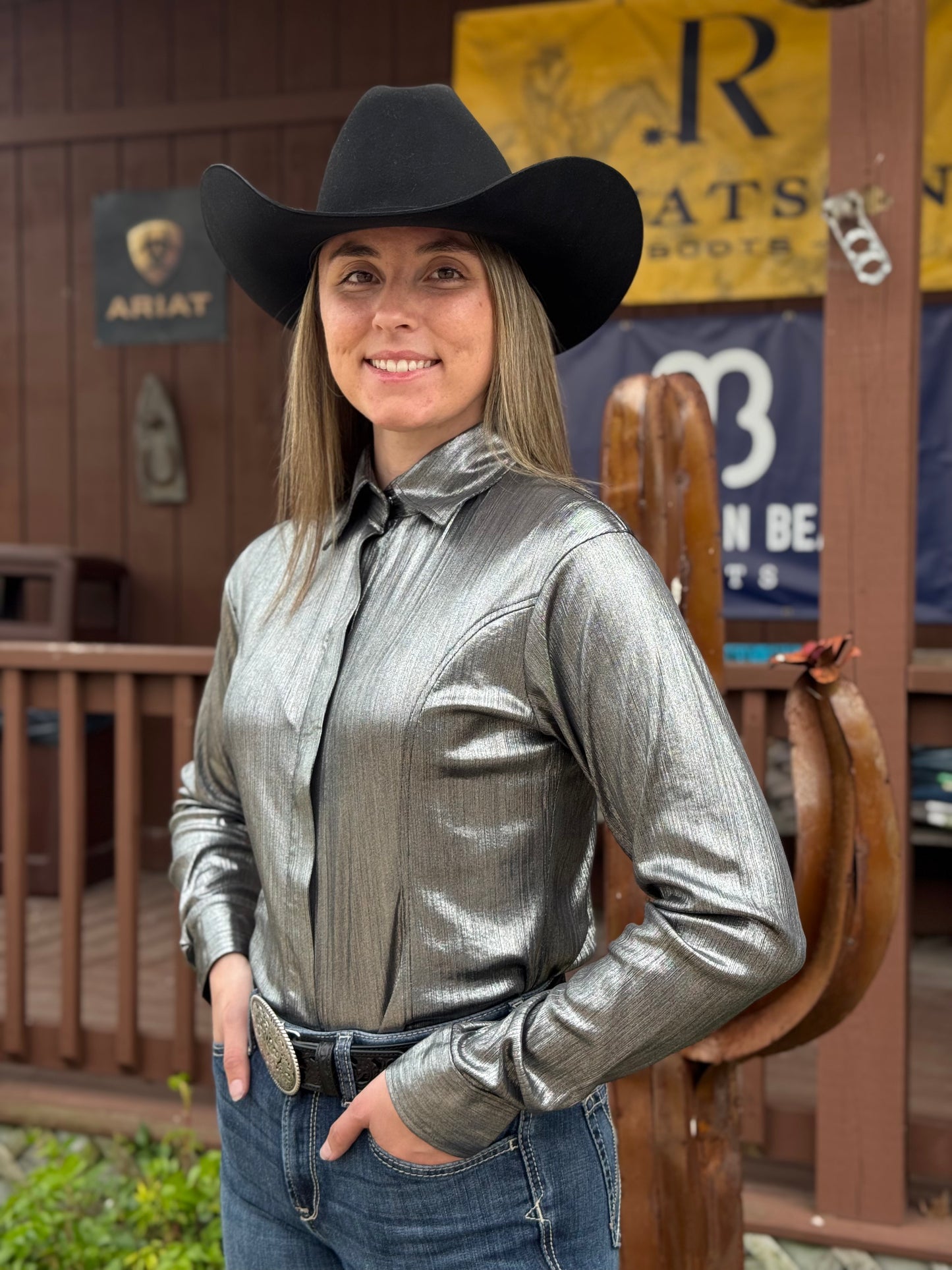 RHC Equestrian Women's Black/Silver Long Sleeve Hidden Zipper Western Show Shirt 70357-BK RHC Equestrian Women's Black/Silver Long Sleeve Hidden Zipper Western Show Shirt 70357-BK