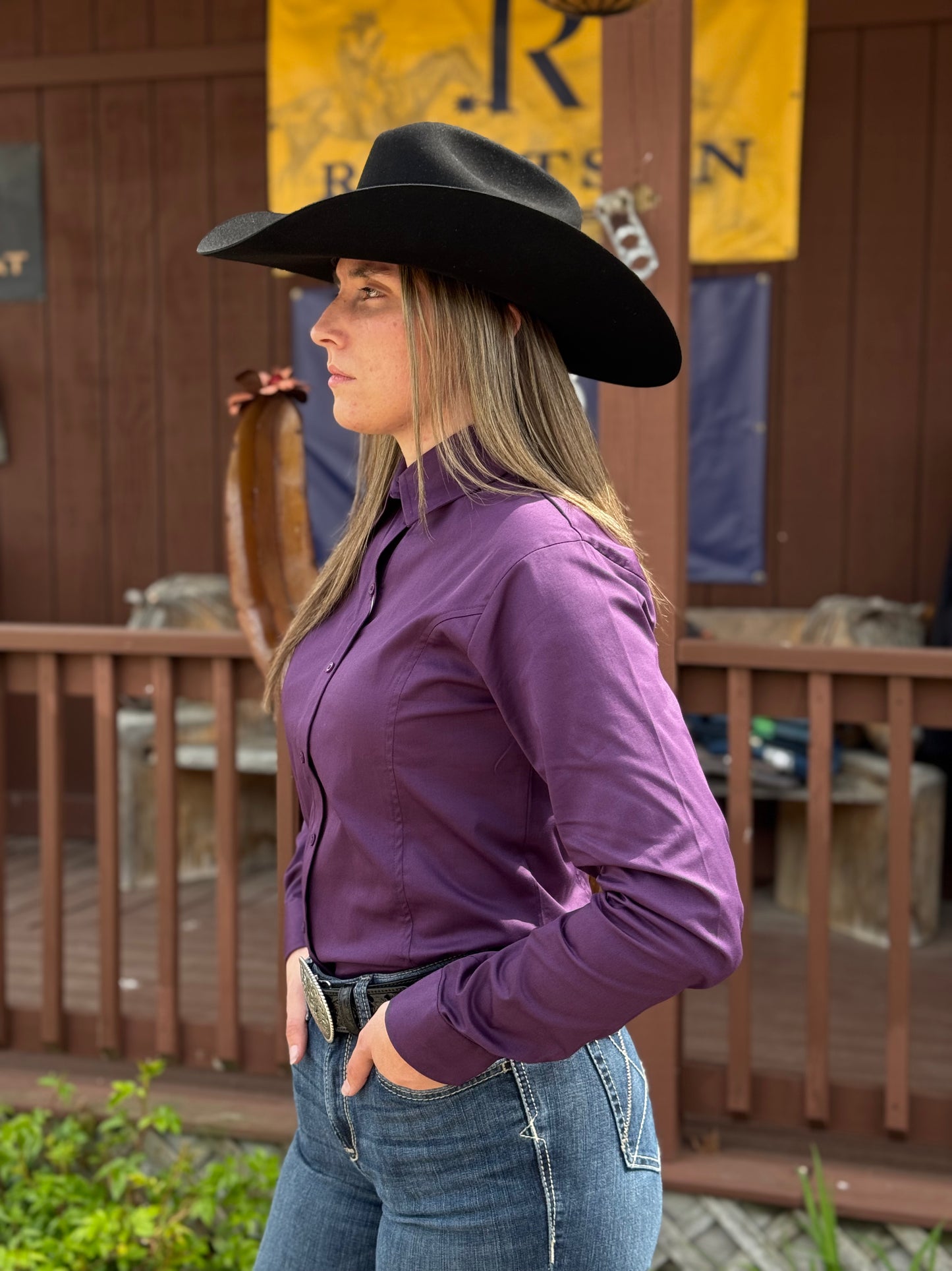RHC Equestrian Women's Solid Plum Sateen Lycra Hidden Zipper Western Show Shirt 68520-P RHC Equestrian Women's Solid Plum Sateen Lycra Hidden Zipper Western Show Shirt 68520-P
