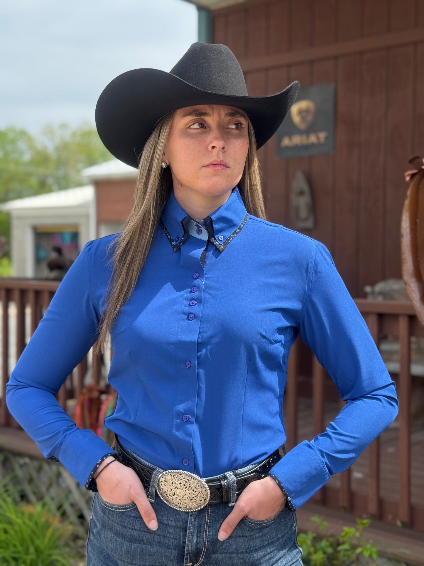 RHC Equestrian Women's Blue Double Collar Moisture Wicking Western Show Shirt 68233-RBLU RHC Equestrian Women's Blue Double Collar Moisture Wicking Western Show Shirt 68233-RBLU