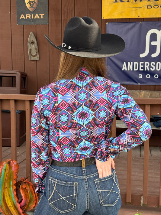 RHC Equestrian Women's Dynamic Pink/Turquoise Aztec Western Show Shirt 70465 RHC Equestrian Women's Dynamic Pink/Turquoise Aztec Western Show Shirt 70465