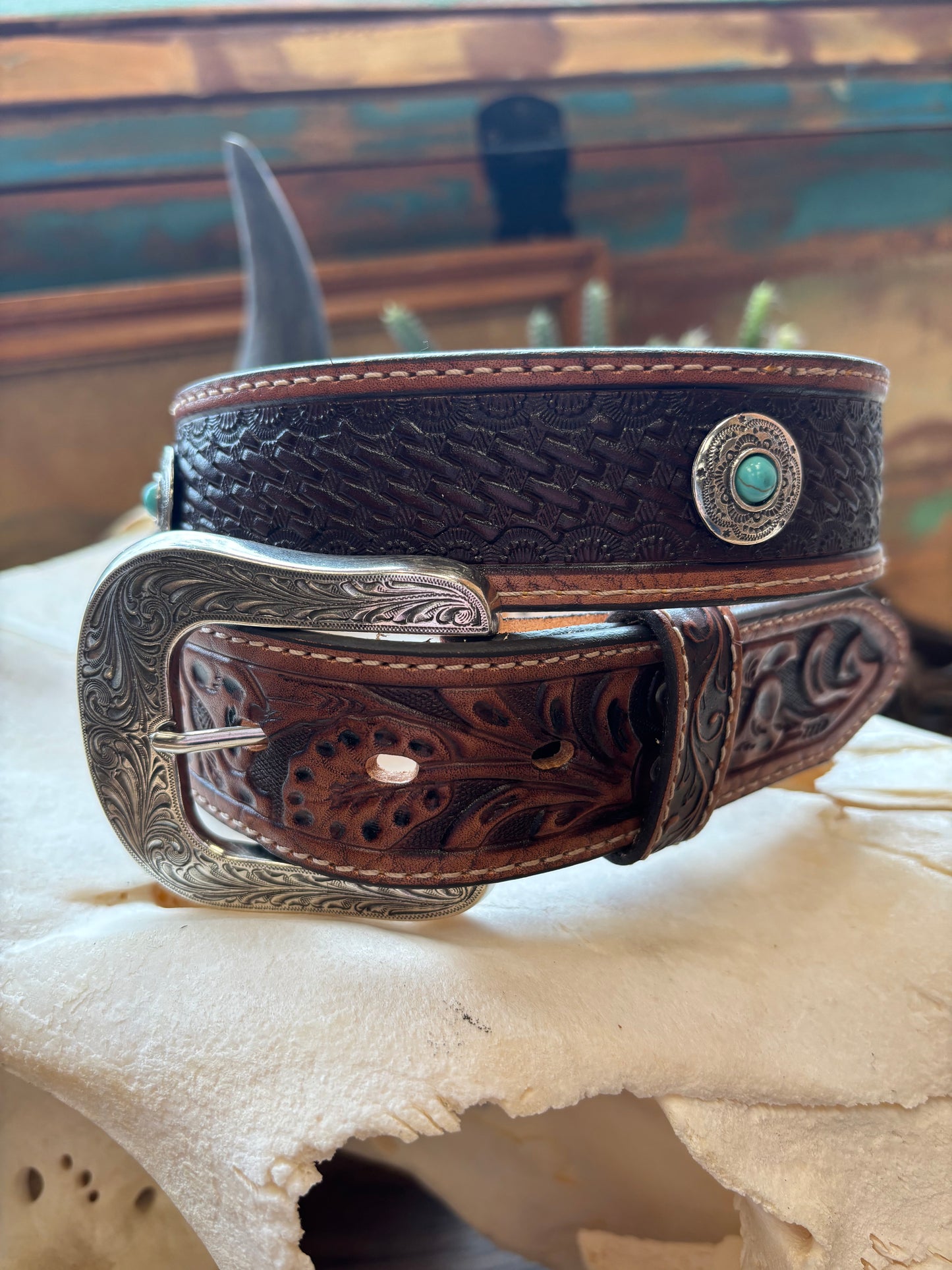 Justin Durango Brown Turquoise Silver Medallion Embossed Leather Belt C14235 Justin Durango Brown Turquoise Silver Medallion Embossed Leather Belt C14235