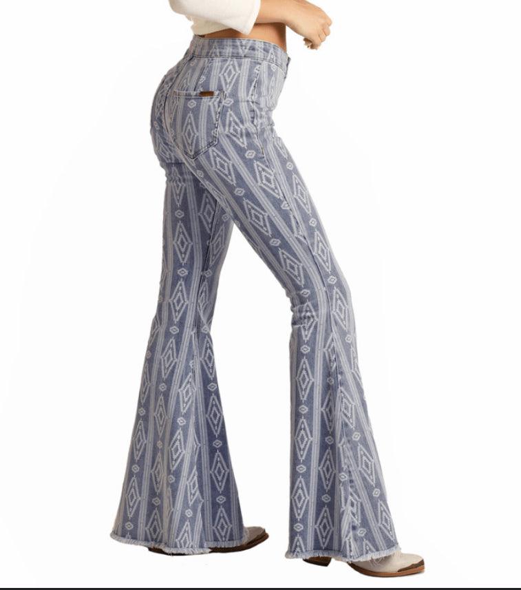 Rock & Roll Cowgirl High Rise Extra Stretch Aztec Bell Bottom Jeans RR