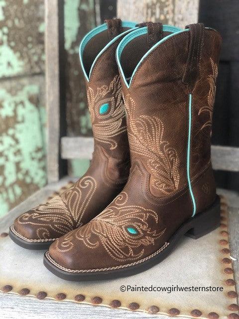 Ariat Women's Bright Eye II Brown Peacock Feather Square Toe Cowgirl B