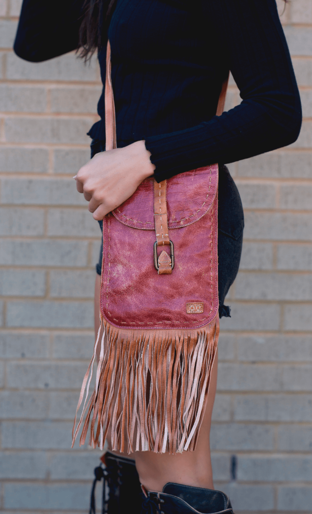 Womens Small Leather Crossbody Boho Bag Fringe Purse for Women, Pink