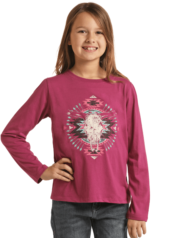 Rock & Roll Cowgirl Girl\'s Purple Steerhead Graphic Long Sleeve Shirt |  Painted Cowgirl Western Store