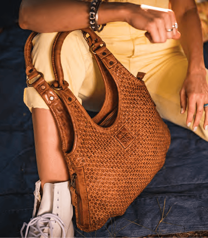 Leather Hand-Woven Tote Shoulder Bag for Women, Cognac