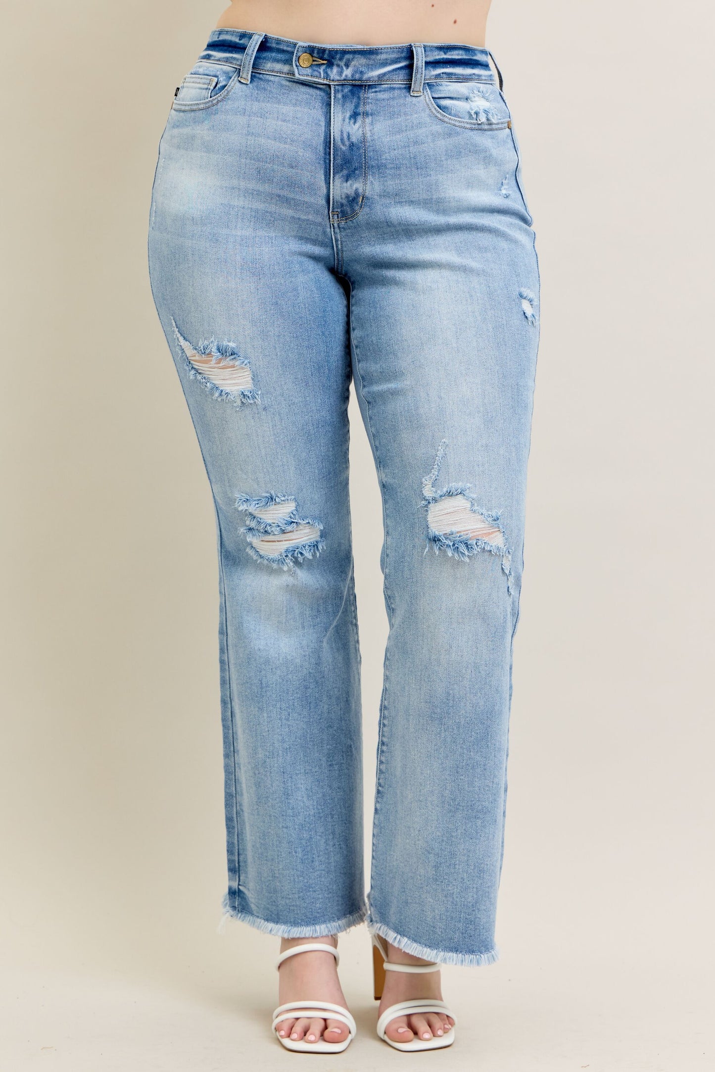 Judy Blue Women's Plus Size Light Wash High-Rise Destroyed Raw Hem Flare Jeans 82650