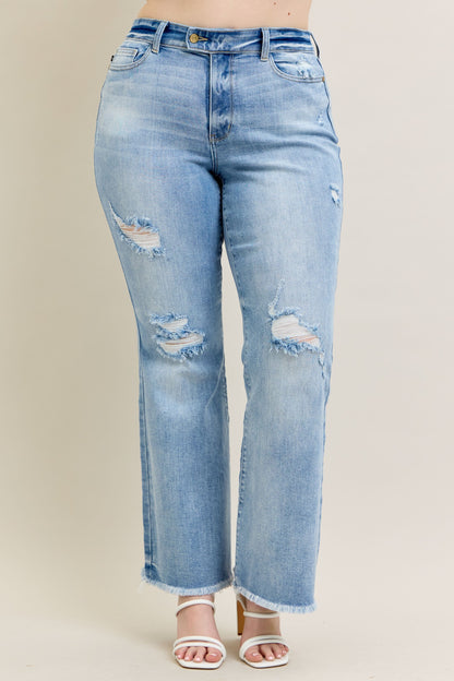Judy Blue Women's Plus Size Light Wash High-Rise Destroyed Raw Hem Flare Jeans 82650