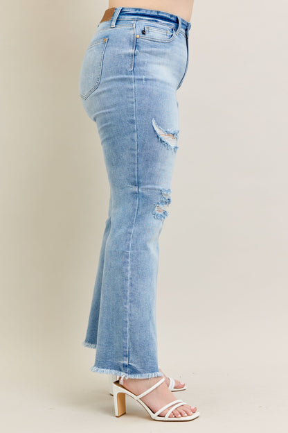 Judy Blue Women's Plus Size Light Wash High-Rise Destroyed Raw Hem Flare Jeans 82650